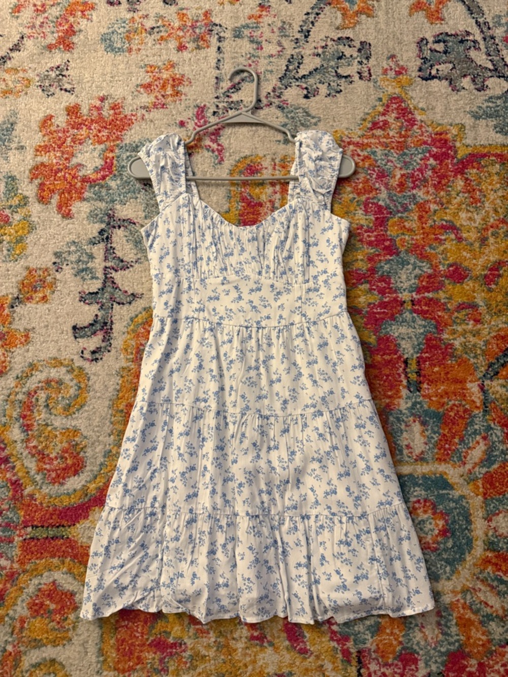 Hollister White Floral Tiered Sundress with Blue Print